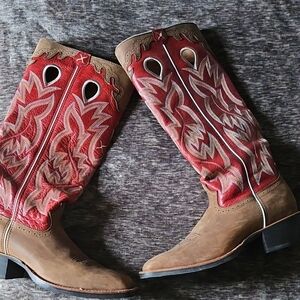 Red and Tan Heeled Boots